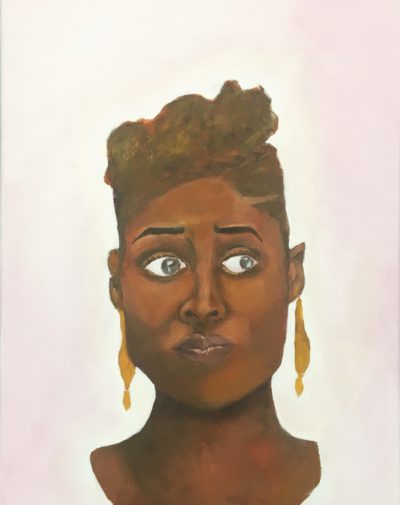 painting of issa rae meme with an unsure, annoyed, attitude facial expression
