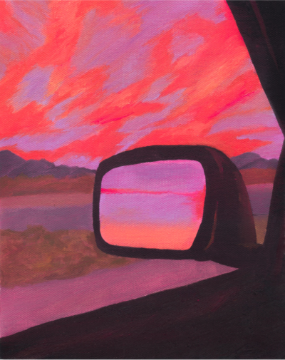 oil painting of pink, purple and orange sunset sky out through a car window